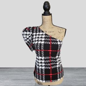 Shein One Shoulder Puff Sleeve Fitted Black White Red Top Size Large